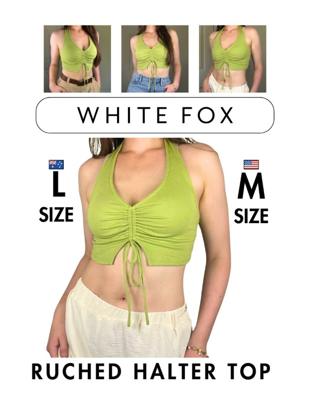White Fox Lime Green Ruched Halter Top - AU L / US M